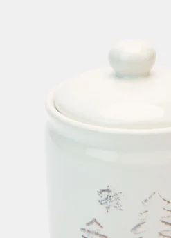 Barattolo in ceramica con coperchio e decorazioni in rilievo