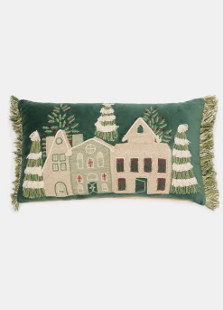 Cuscino rettangolare con ricamo e frange