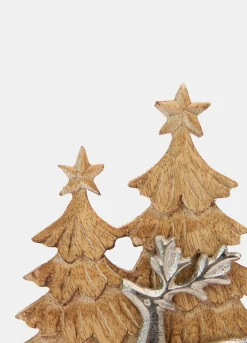 Decorazione abeti e renna in legno